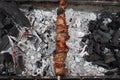 Grilled kebab cooking on metal skewer. Roasted meat cooked at barbecue. BBQ fresh beef meat chop slices Royalty Free Stock Photo