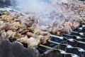 Grilled kebab cooking on metal skewer. Roasted meat cooked at barbecue. BBQ fresh pork meat chop slices. Eastern dish, shish kebab Royalty Free Stock Photo