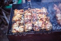 Grilled kebab cooking on metal skewers grill Royalty Free Stock Photo