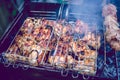 Grilled kebab cooking on metal skewers grill. Royalty Free Stock Photo