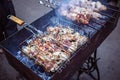 Grilled kebab cooking on metal skewers grill. Royalty Free Stock Photo