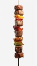 grilled Kebab on skewers with peppers and onions on a white background, created by Generative AI