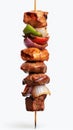 grilled Kebab on skewers with peppers and onions on a white background, created by Generative AI