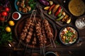 Grilled kebab on skewers with vegetables on wooden background, Middle eastern, arabic or mediterranean dinner table with grilled