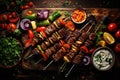 Grilled kebab with vegetables on skewers on wooden background, Middle eastern, arabic or mediterranean dinner table with grilled