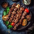 Grilled kebab with vegetables and tzatziki dip