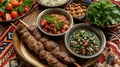 Grilled kebabs on skewers with tabbouleh salad, tomatoes, and almonds on ethnic patterned cloth