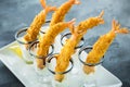 Grilled king prawn served with sauce. Sea food in restaurant Royalty Free Stock Photo