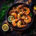 Grilled king prawns on a plate, top view.