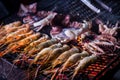 Grilled king prawns and squid on bbq fire. Thai street food at the Chiang Mai Old City Night Market. Thailand. Royalty Free Stock Photo