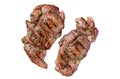 Grilled Lamb chop leg steaks, mutton meat with herbs. Isolated, white background. Royalty Free Stock Photo