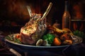 Grilled lamb chops with baked potatoes and vegetables on a dark background, Generative AI