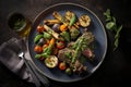 Grilled lamb chops complemented by a refreshing mint pesto, perfectly roasted potatoes, and a medley of seasonal vegetables. Royalty Free Stock Photo