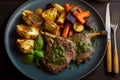 Grilled lamb chops complemented by a refreshing mint pesto, perfectly roasted potatoes, and a medley of seasonal vegetables. Royalty Free Stock Photo