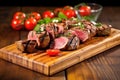 grilled lamb chops stacked on a wooden chopping board Royalty Free Stock Photo