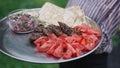 grilled lamb kebab meat serving on a steel plate Royalty Free Stock Photo