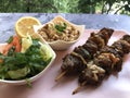 Grilled lamb on a skewer with rice, salad and fresh herbs.