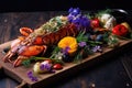 grilled lobster resting on board, garnished