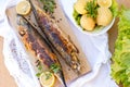 Grilled mackerel fish with baked potatoes Royalty Free Stock Photo