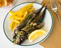 Grilled mackerel fish with french fries and lemon Royalty Free Stock Photo