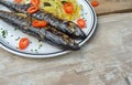 Barbecue with fish. Grilled mackerel fish. Royalty Free Stock Photo