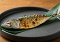 Grilled mackerel on leaf in black ceramic plate on wooden table Royalty Free Stock Photo