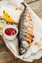 grilled mackerel and a salad of fresh vegetables. Serving on a wooden Board on a rustic table. Barbecue restaurant menu Royalty Free Stock Photo