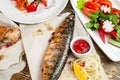 grilled mackerel and sea bass. Salad of fresh vegetables. Serving on a wooden Board on a rustic table. Barbecue Royalty Free Stock Photo