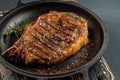 grilled marbled beef steak striploin with spices in a grill pan. place for text, top view Royalty Free Stock Photo