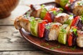 Grilled marinated turkey or chicken meat shish kebab skewers