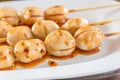 Grilled meat ball with spicy sauce in Thai stlye,selective focus