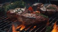 Grilled meat on the barbecue. Cooked beef steaks with vegetables and spices fly over. Royalty Free Stock Photo