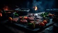 Grilled meat on barbecue, flame, natural heat, healthy eating generated by AI