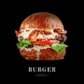 Cheesy meat beef burger isolated on black background with text and copy space