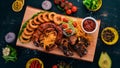 Grilled meat on the board. Sausage, ribs and fresh vegetables. On a wooden table. Royalty Free Stock Photo