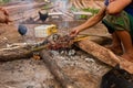 grilled meat at a camfire in a traditional village near luang namtha