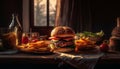Grilled meat, cheeseburger, fries, and cola on rustic wooden table generated by AI Royalty Free Stock Photo