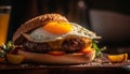 Grilled meat, cheeseburger, fries, and drink on rustic wooden table generated by AI