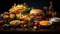 Grilled meat, cheeseburger, fries, and salad on rustic table generated by AI Royalty Free Stock Photo