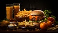 Grilled meat, cheeseburger, fries, tomato on rustic wooden table generated by AI Royalty Free Stock Photo