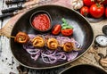 Grilled meat chicken shish on skewers with vegetables and tomato sauce on the plate. Healthy food. Hot meat dishes, kebab food, Royalty Free Stock Photo