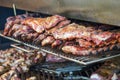 Grilled meat. Close-up cooking of large juicy pieces of raw, fat, natural, marinated pork meat, beef calves, rams on a griddle Royalty Free Stock Photo