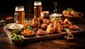 Grilled meat, cooked pork, beef, chicken, fried appetizer, rustic pub generated by AI