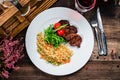 grilled meat and couscous on wood table Royalty Free Stock Photo