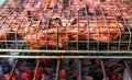 Grilled meat on fire closeup photo. Red meat barbecue cooking. Royalty Free Stock Photo