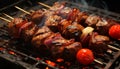 Grilled meat on fire, a delicious barbecue feast outdoors generated by AI