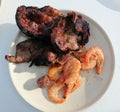 Grilled meat on the fire and shrimps on the plate Royalty Free Stock Photo
