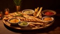 Grilled meat, fresh guacamole, dip on wooden table, ready to eat appetizer generated by AI