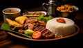 Grilled meat, fresh salad, cooked vegetables on wooden plate generated by AI Royalty Free Stock Photo