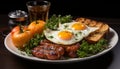 Grilled meat, fresh tomato, healthy salad, cooked pork, fried egg generated by AI Royalty Free Stock Photo